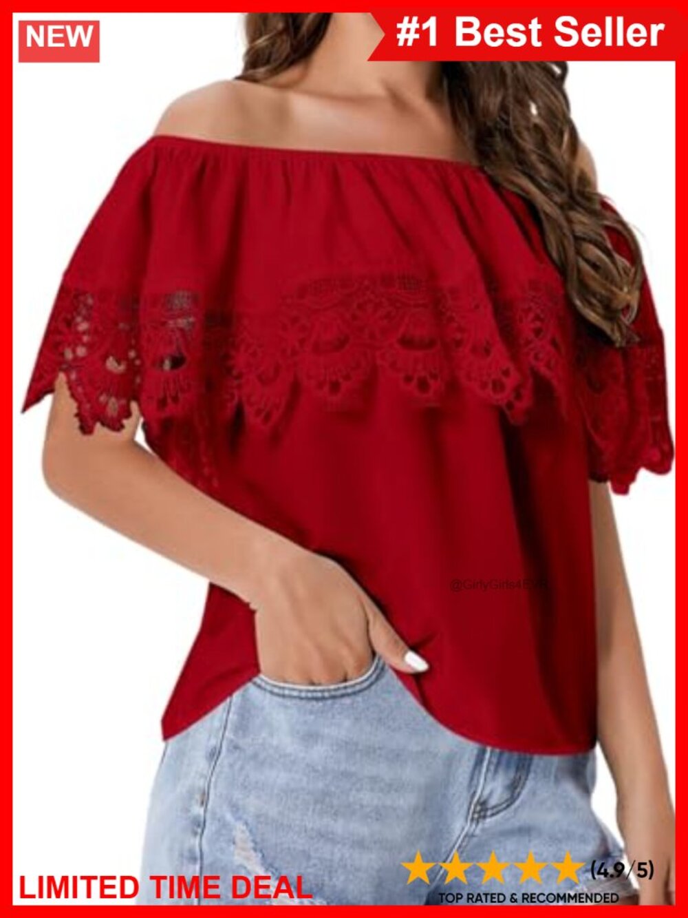 Off Shoulder Lace Ruffle Trim Blouse Short Sleeve Casual Top